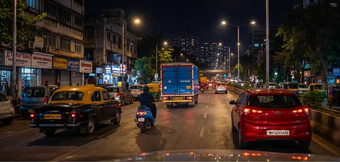Night driving in India with cars, taxis, motorcycles and trucks on a busy city road illuminated by streetlights.
