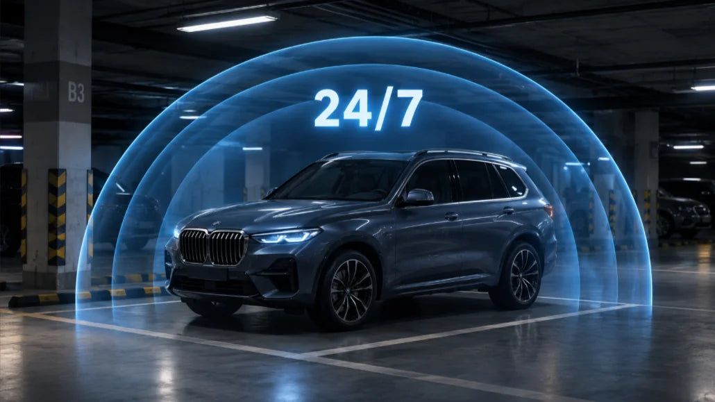 Luxury dark blue SUV parked inside a modern underground garage beneath a glowing blue 24/7 protective dome.