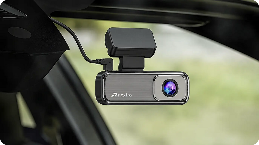 Close-up of a Nextro car dash camera mounted on the windshield, featuring a front-facing lens and connected power cable.