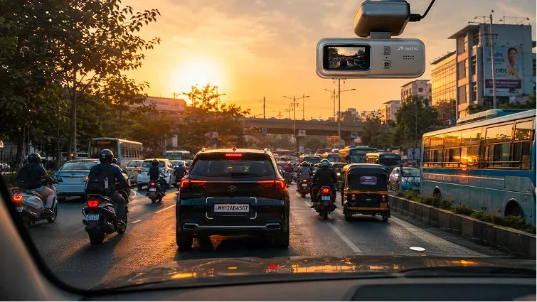 Nextro dashcam mounted in car recording real Indian road traffic at sunset