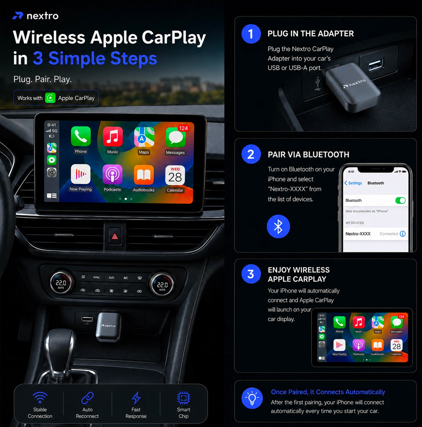 Nextro N50 – 2 in 1 Wireless Adapter for CarPlay & Android Auto