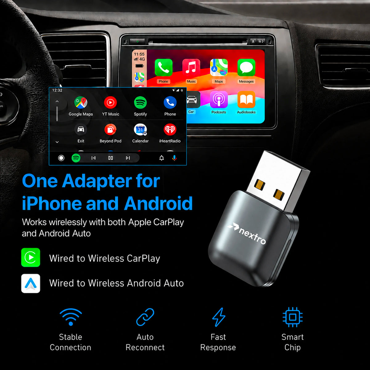 Nextro N50 – 2 in 1 Wireless Adapter for CarPlay & Android Auto