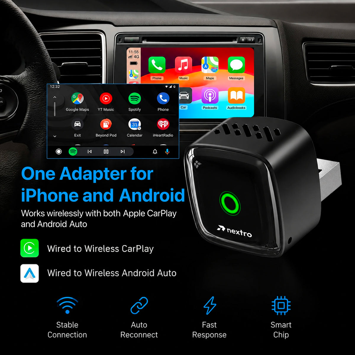 Nextro N70 – 2 in 1 Wireless Adapter for CarPlay & Android Auto